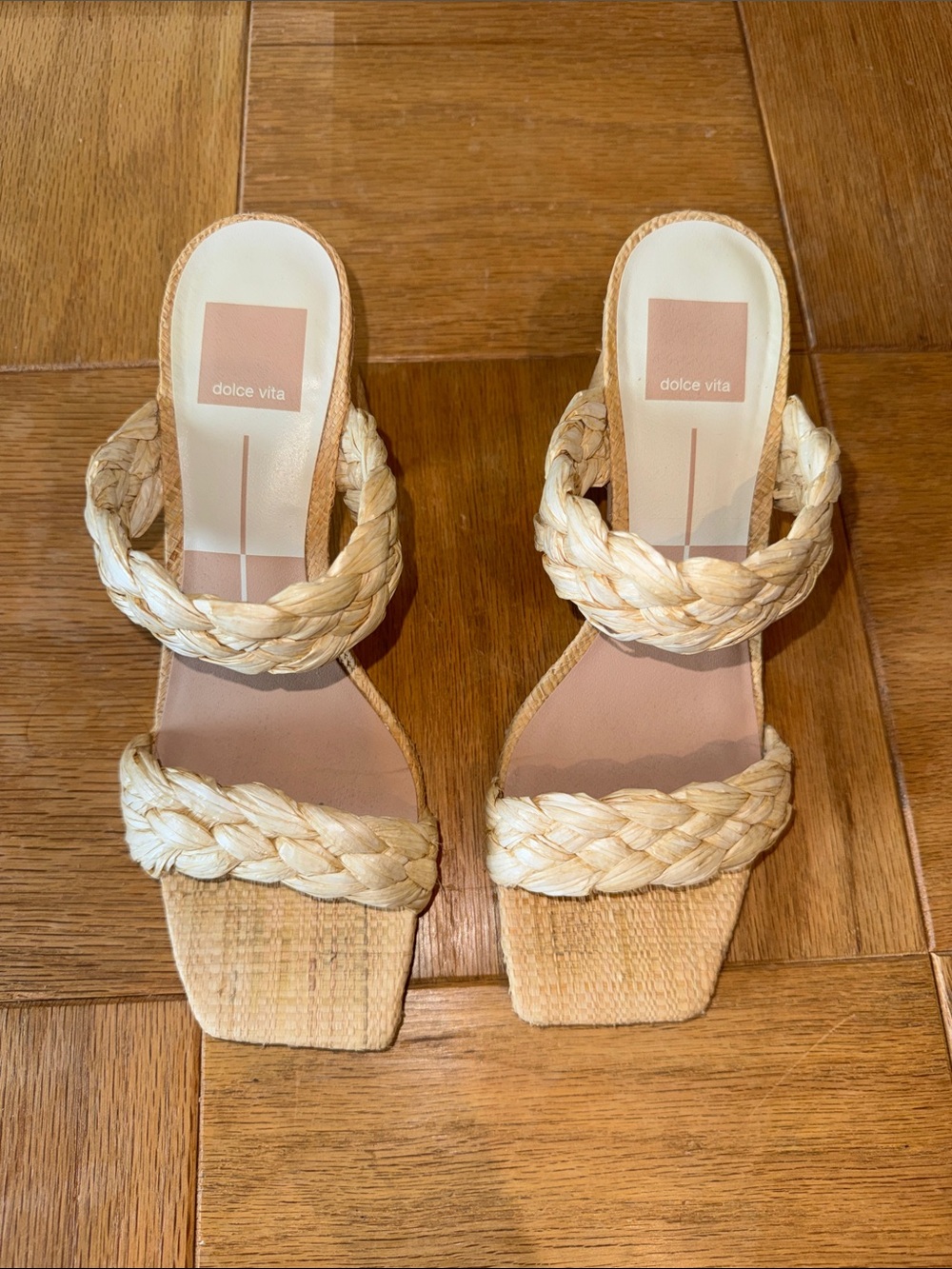 Dolce Vita Braided Double-Strap Slide Heels in Natural Raffia
